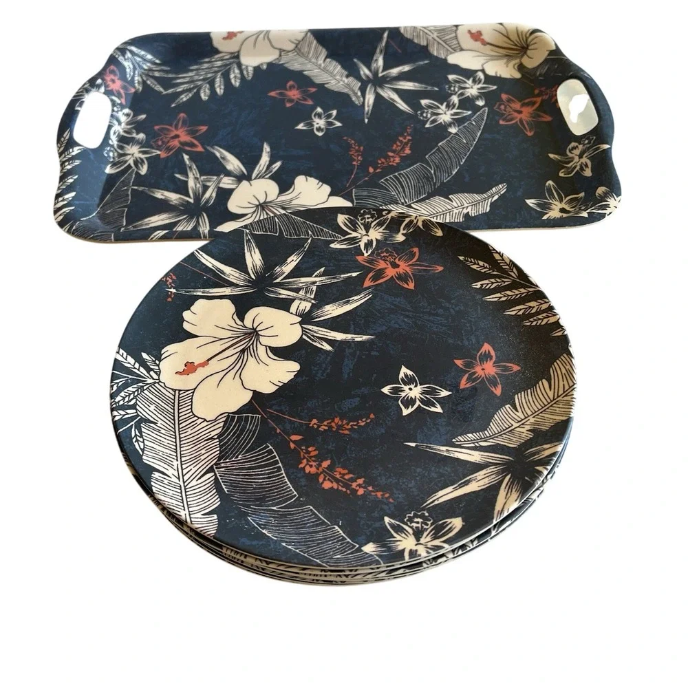 Tropical Hibiscus Tiki Blue Melamine Tray + 7 Dinner Plates Caribbean Joe‎
